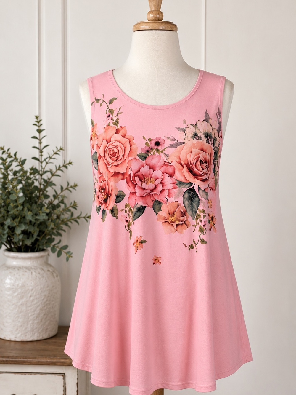 Acting Pro Floral Tank Top Pink Sleeveless Swing Tunic Rose Print Stretch 2X